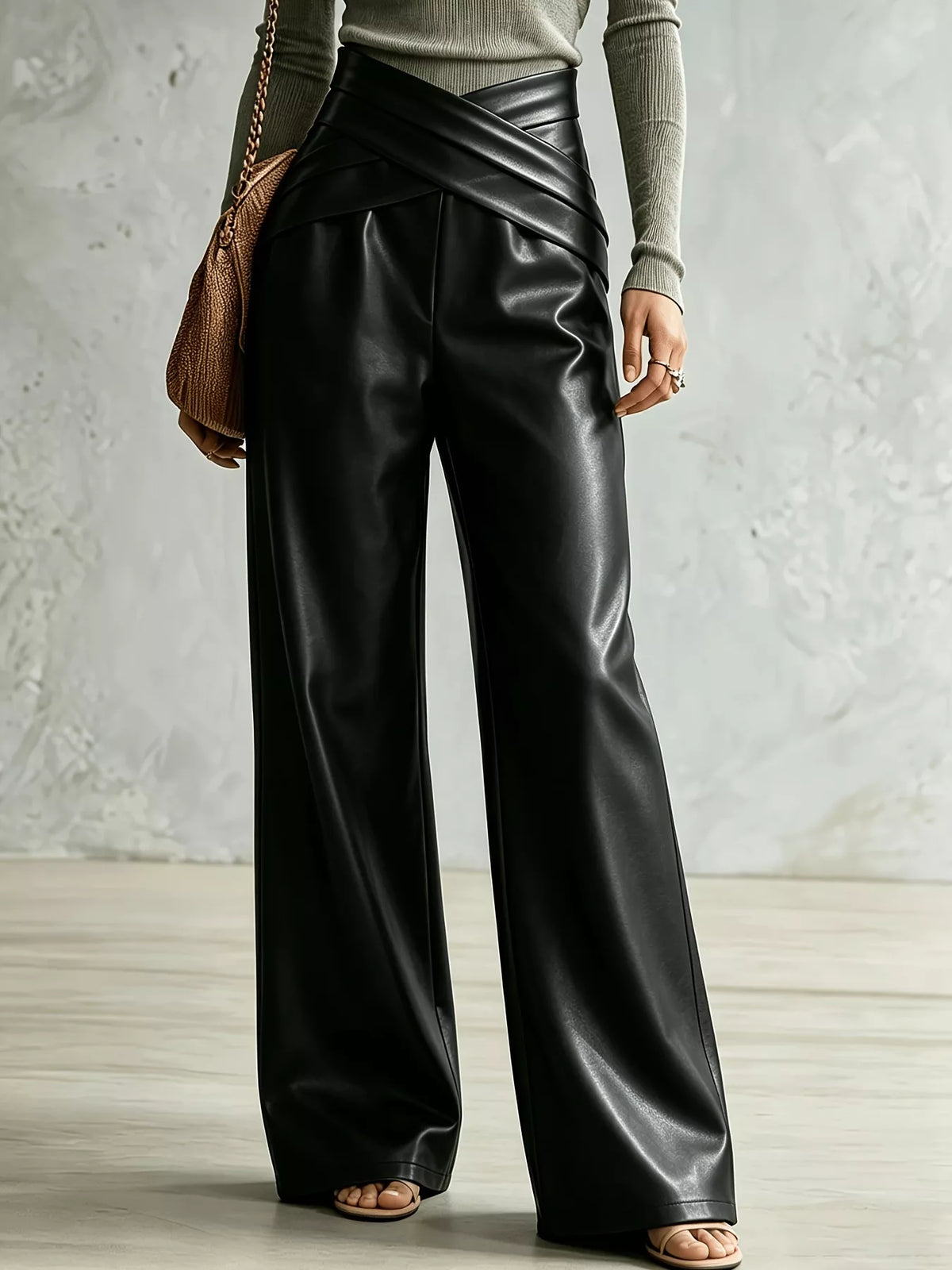 Pantalones de pierna ancha para mujer con detalle cruzado: pantalones fluidos de largo completo, S–XXL