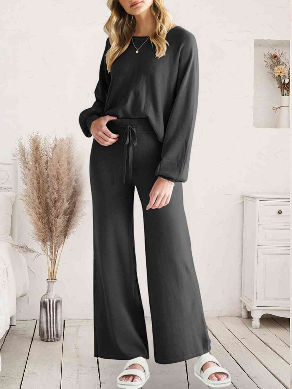 Long Sleeve Lounge Top and Drawstring Pants Set  Shop One Place