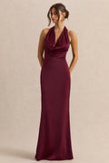 Aralisse | Vestido largo de satén burdeos con escote caído