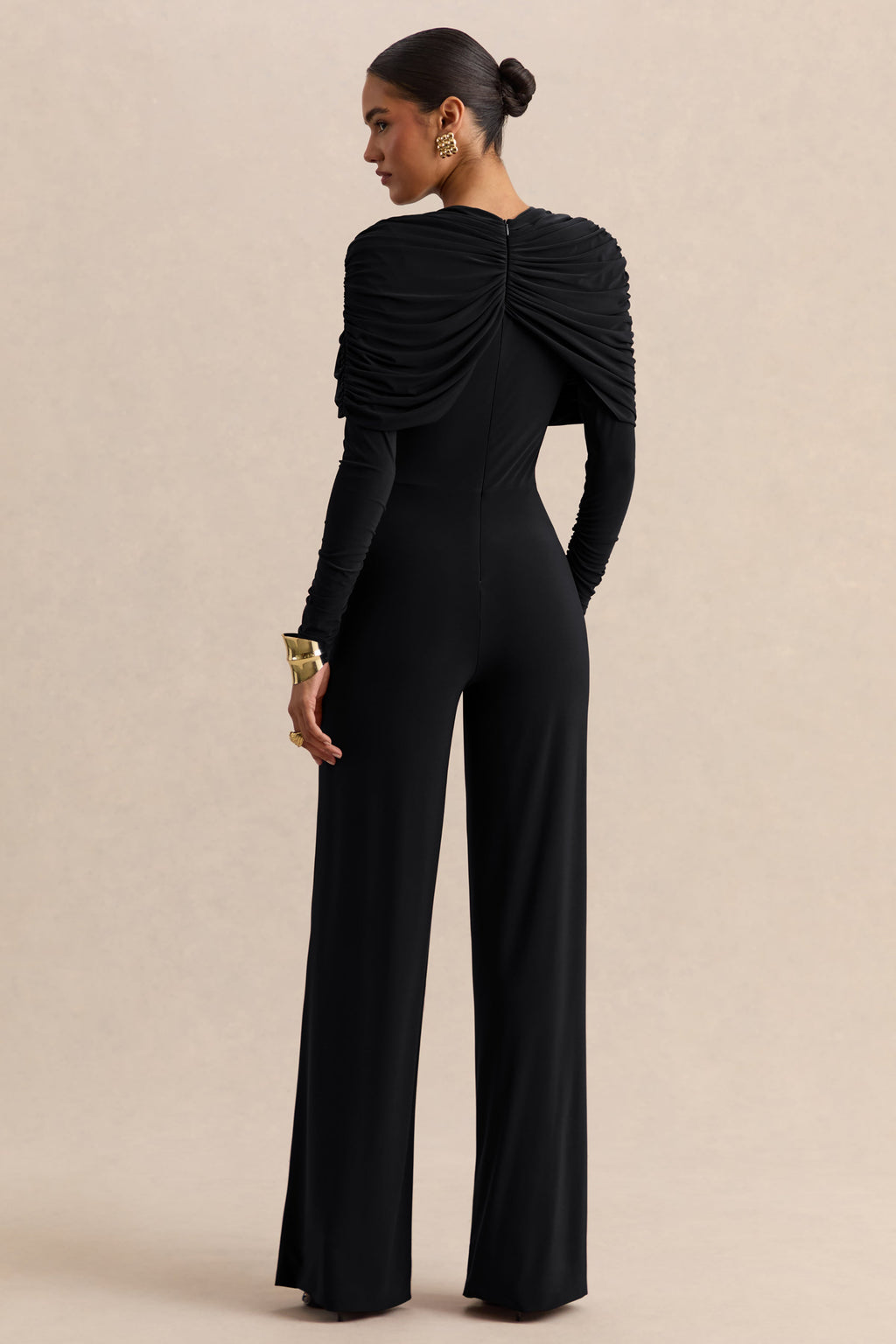 Eloura | Mono negro de jersey elástico premium con cuello alto y detalle de torsión fruncida