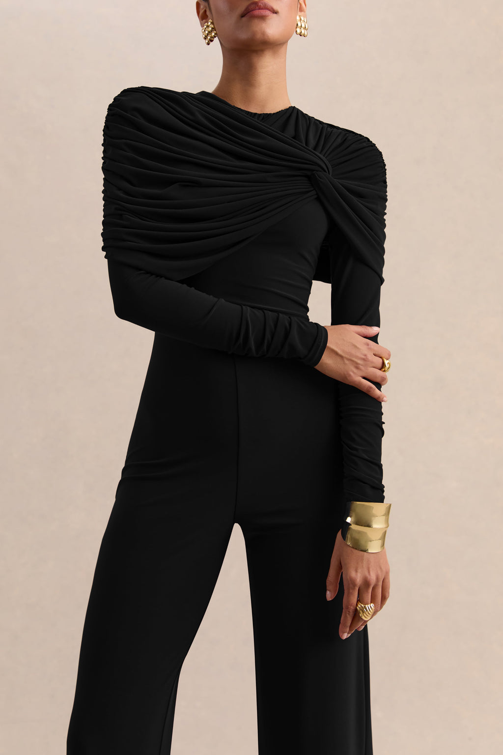 Eloura | Mono negro de jersey elástico premium con cuello alto y detalle de torsión fruncida