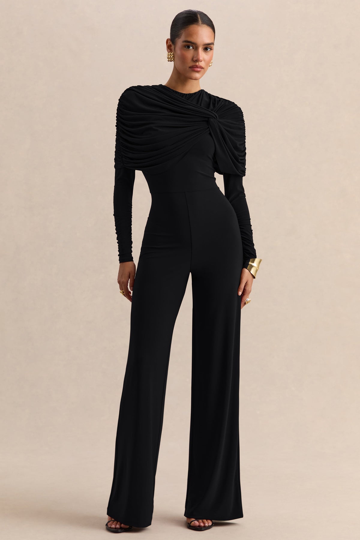 Eloura | Mono negro de jersey elástico premium con cuello alto y detalle de torsión fruncida