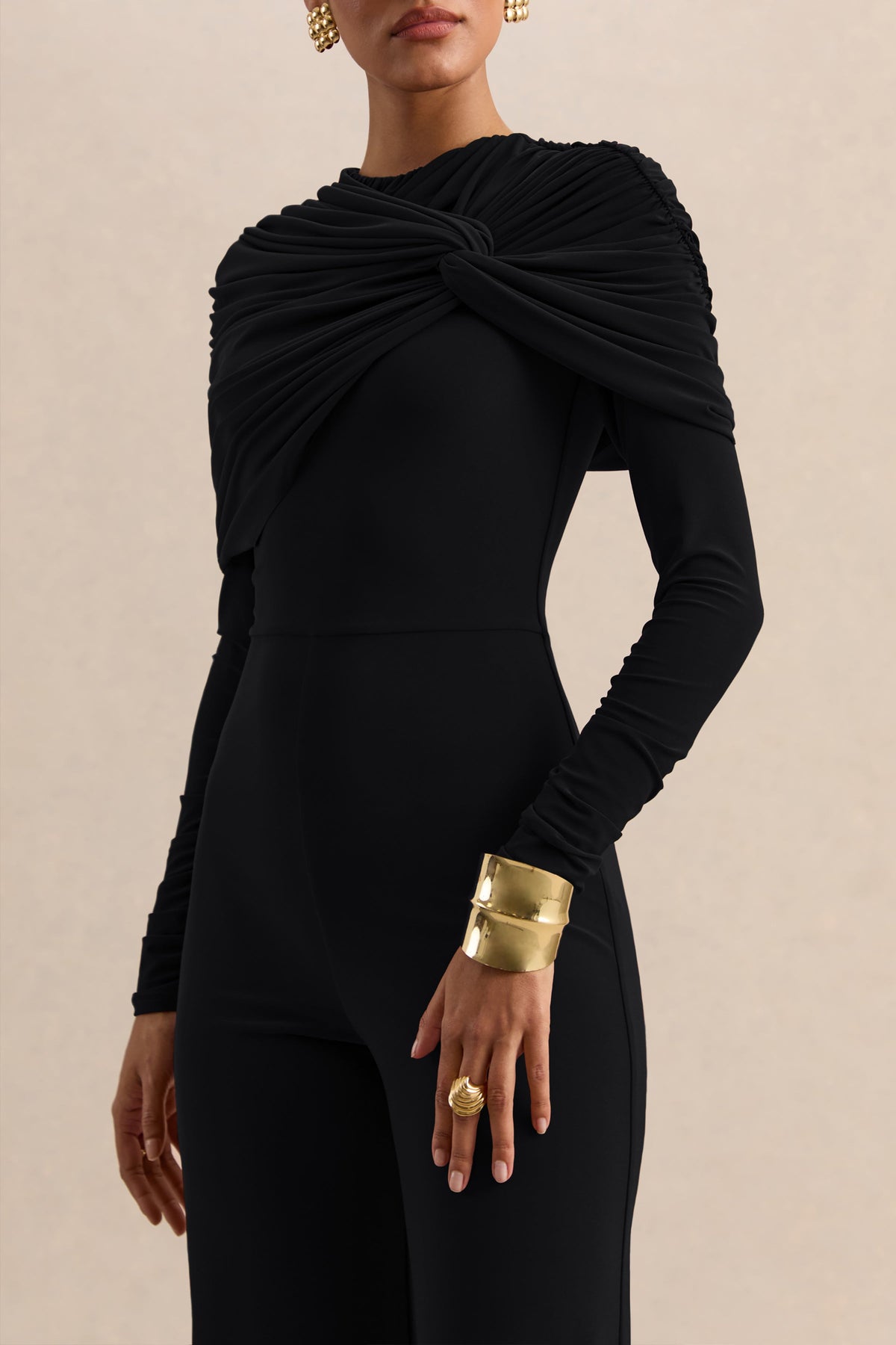 Eloura | Mono negro de jersey elástico premium con cuello alto y detalle de torsión fruncida