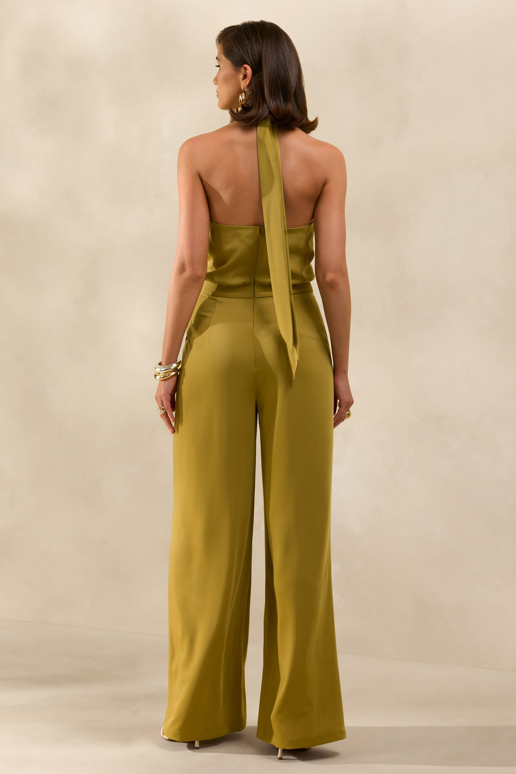 Elisra | Mono Largo de Satén Verde Oliva con Cuello Halter