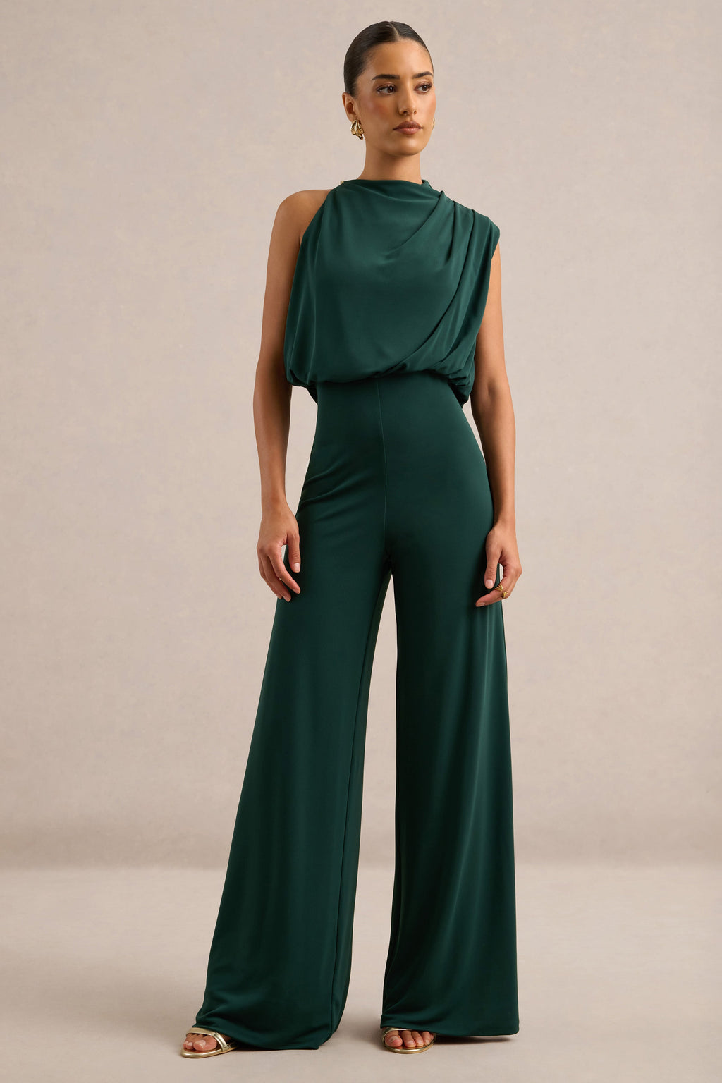Vianista | Mono verde oscuro de cuello alto con detalle fruncido