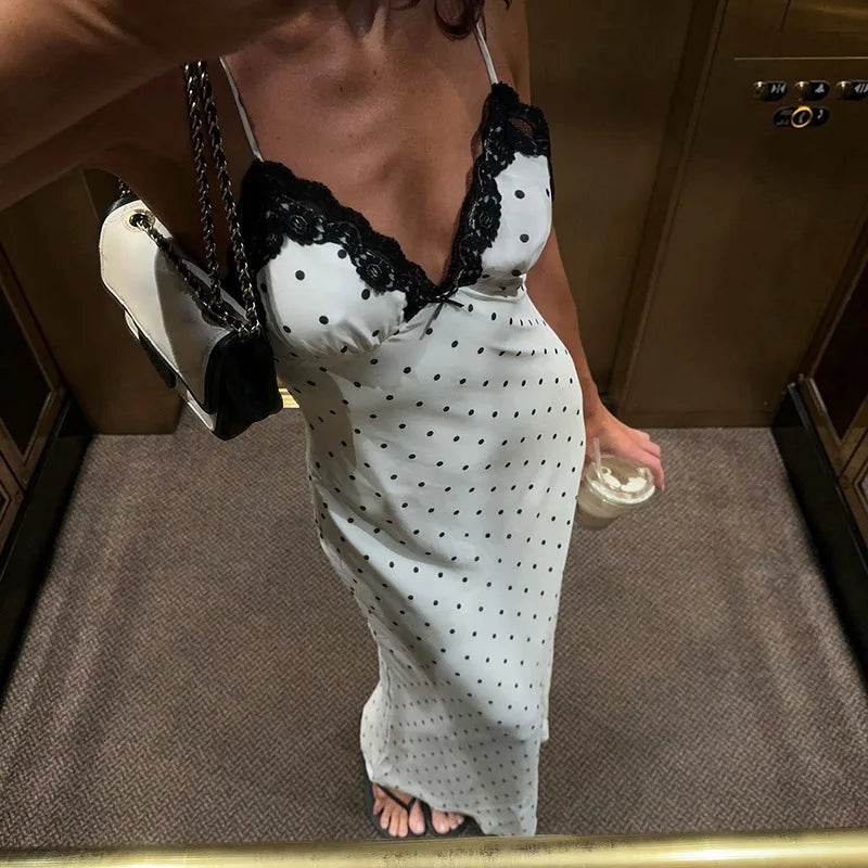 Vestido largo de encaje para mujer con escote en V