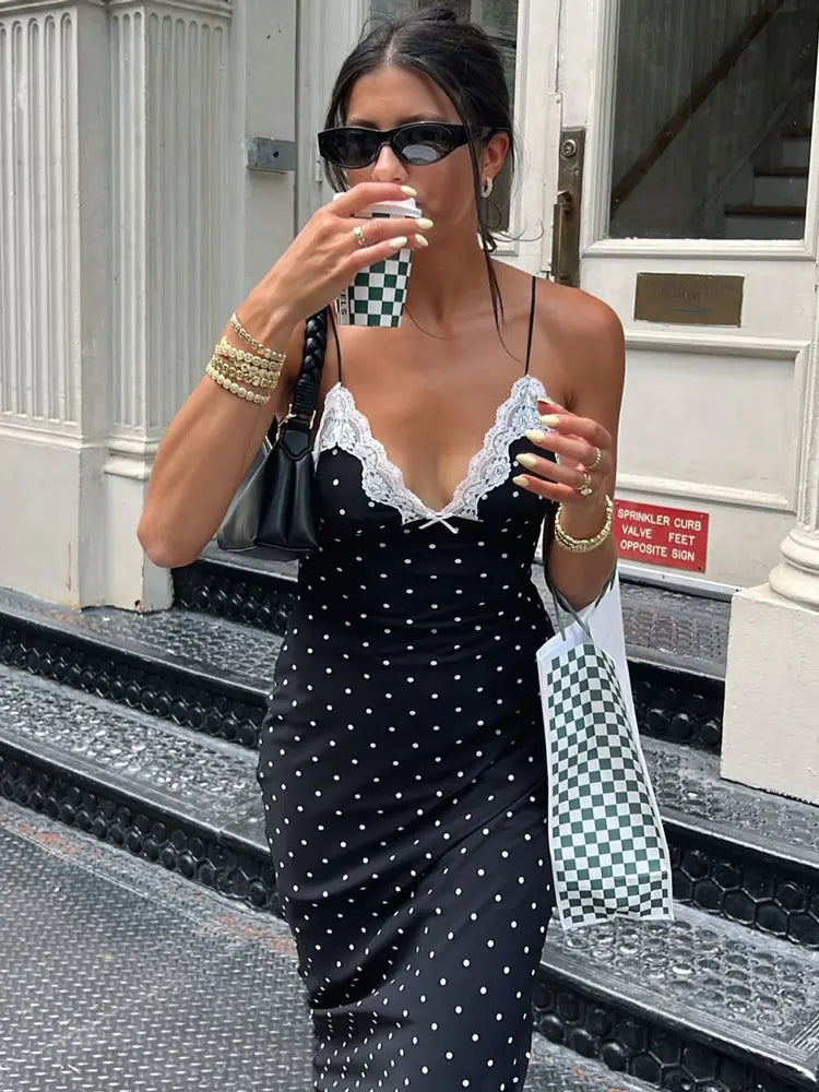 Vestido largo de encaje para mujer con escote en V