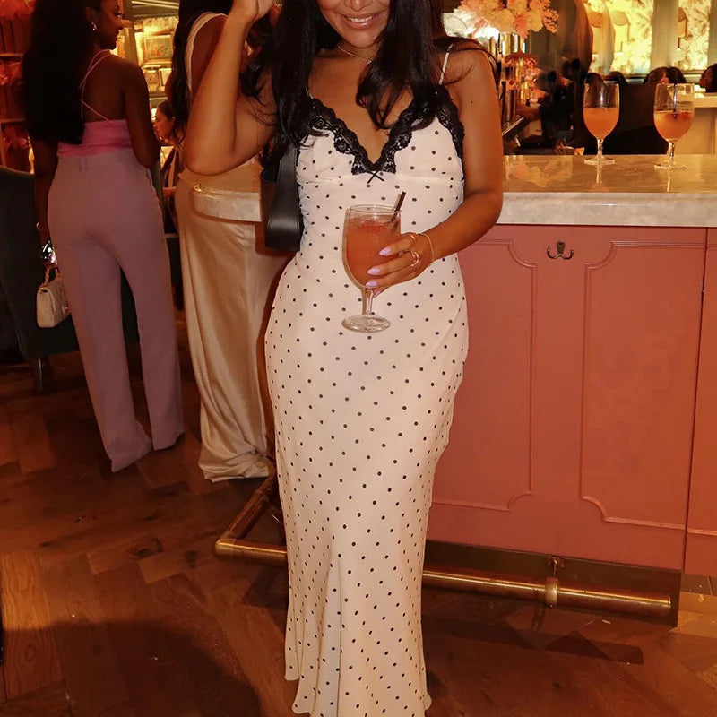 Vestido largo de encaje para mujer con escote en V