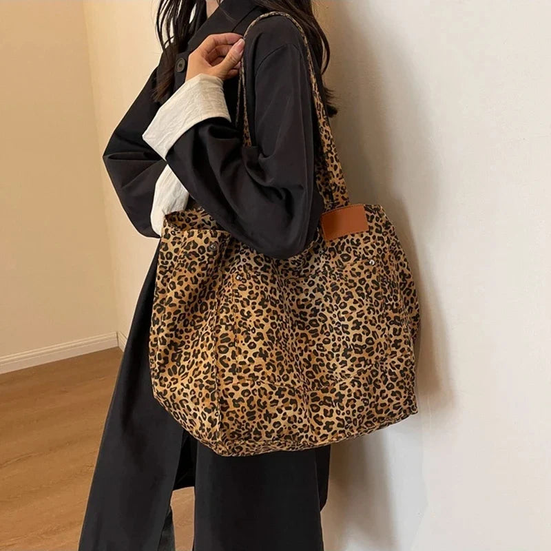 Bolso de lona retro con estampado de leopardo