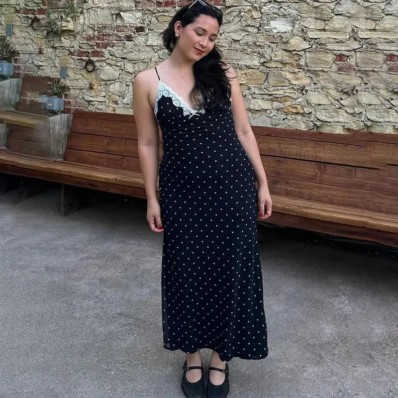 Vestido largo de encaje para mujer con escote en V