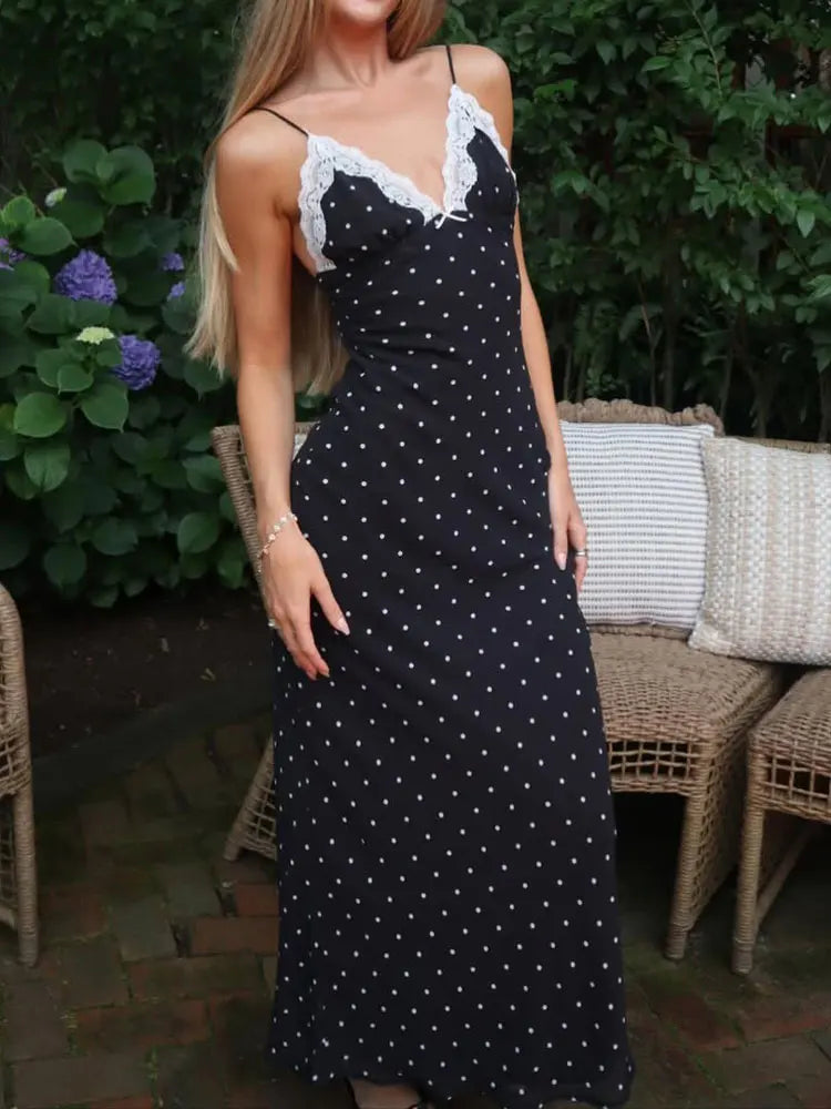 Vestido largo de encaje para mujer con escote en V