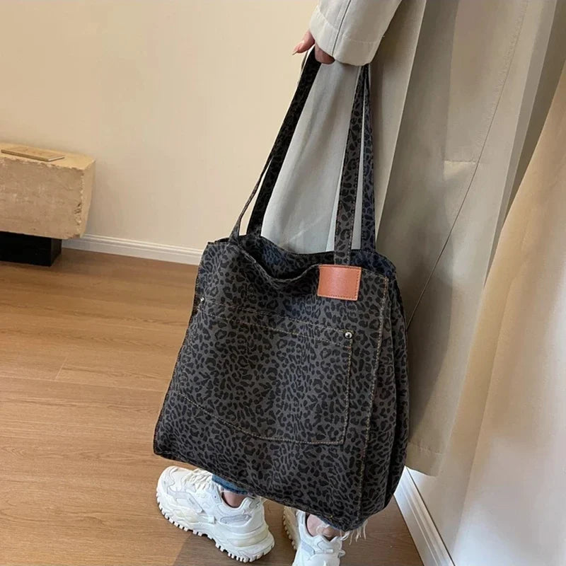 Bolso de lona retro con estampado de leopardo