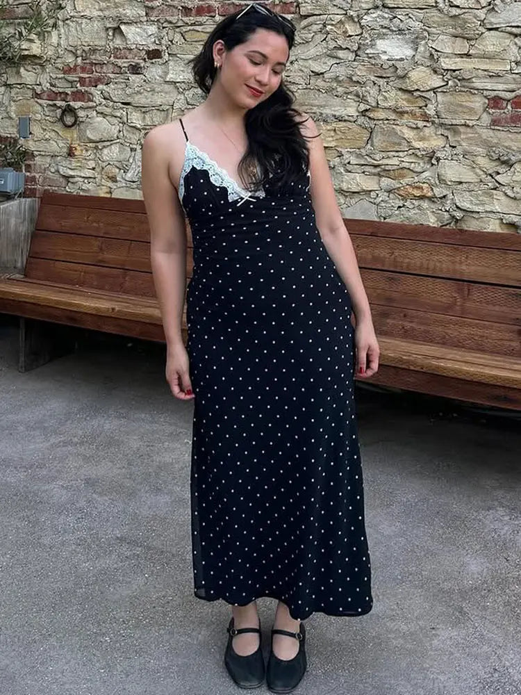 Vestido largo de encaje para mujer con escote en V