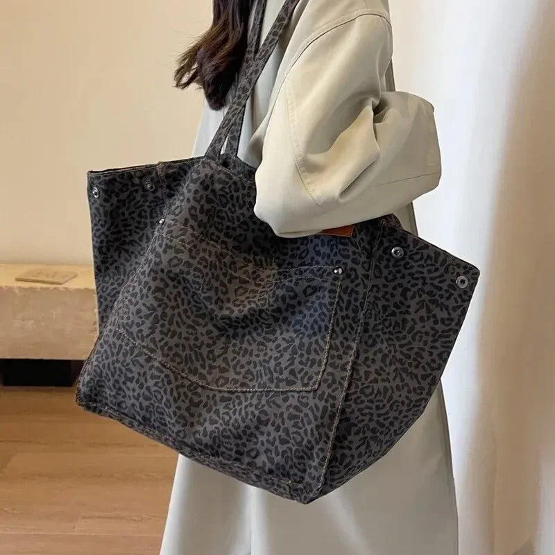 Bolso de lona retro con estampado de leopardo
