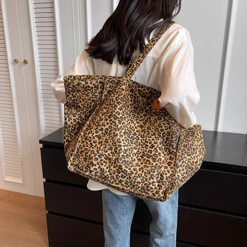 Bolso de lona retro con estampado de leopardo