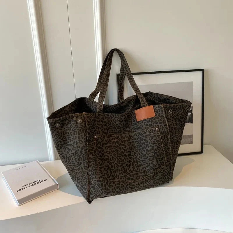 Bolso de lona retro con estampado de leopardo
