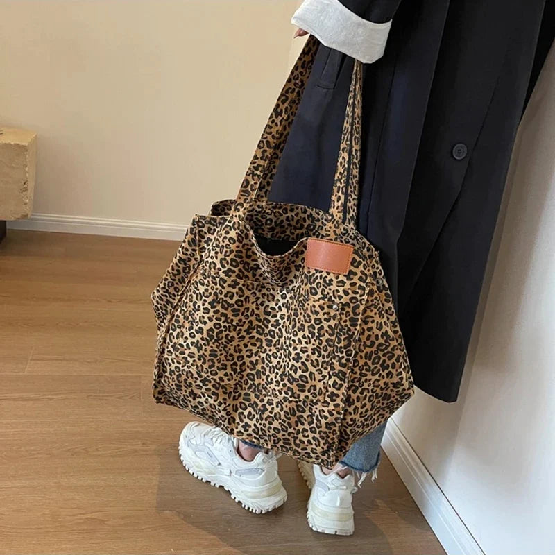 Bolso de lona retro con estampado de leopardo