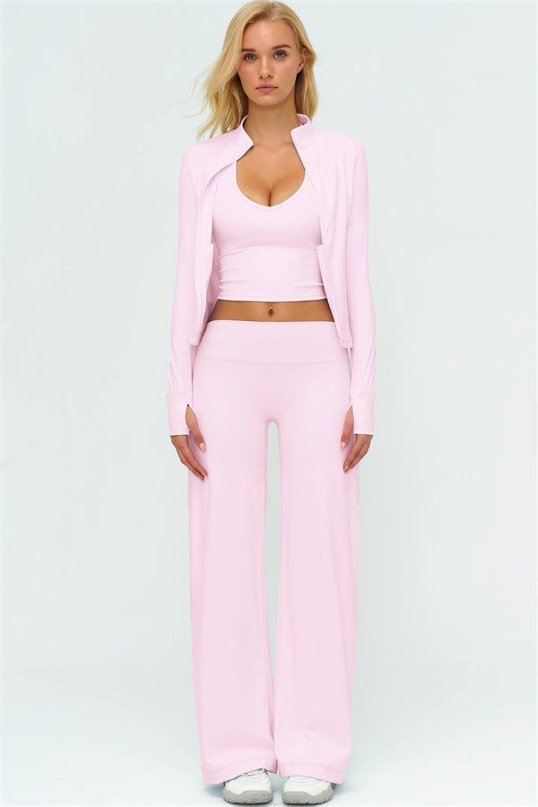 Conjunto Twirl de 3 piezas: chaqueta con cremallera, top halter y pantalones de pierna recta