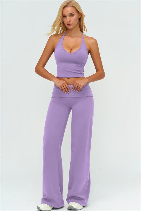 Conjunto de 2 piezas The Twirl: top halter sin mangas y pantalones de pierna recta con cintura doblada