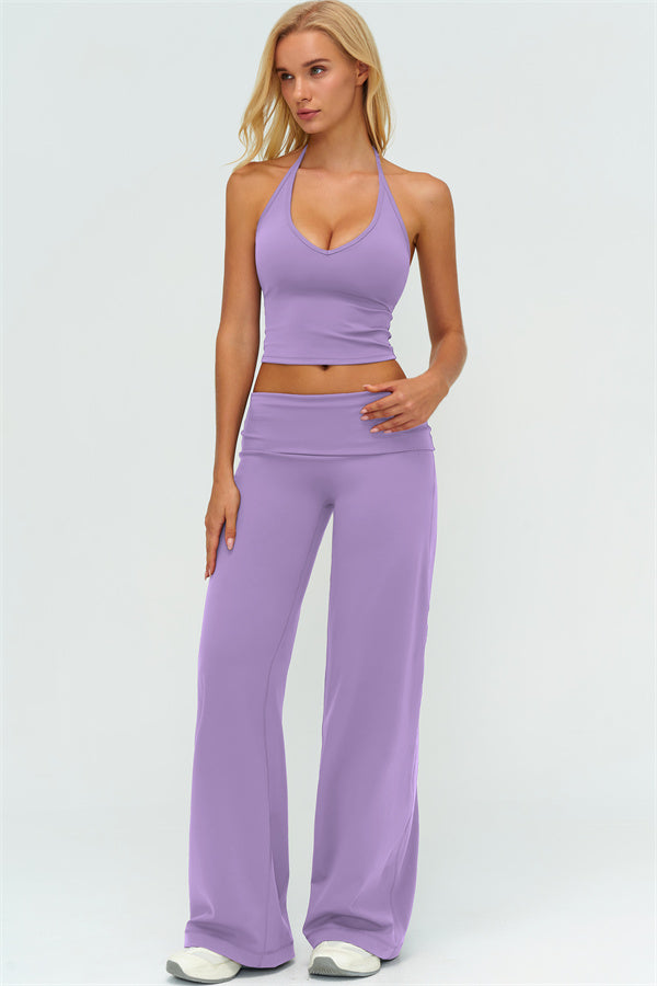 Conjunto de 2 piezas The Twirl: top halter sin mangas y pantalones de pierna recta con cintura doblada