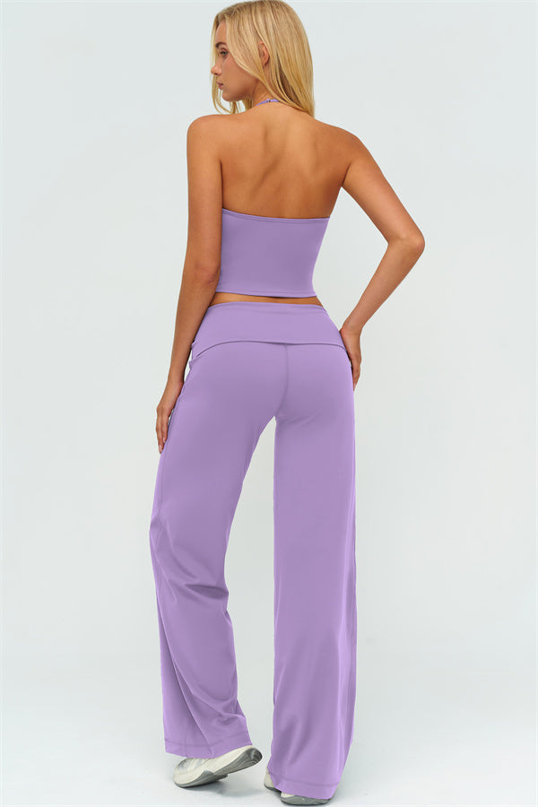 Conjunto de 2 piezas The Twirl: top halter sin mangas y pantalones de pierna recta con cintura doblada