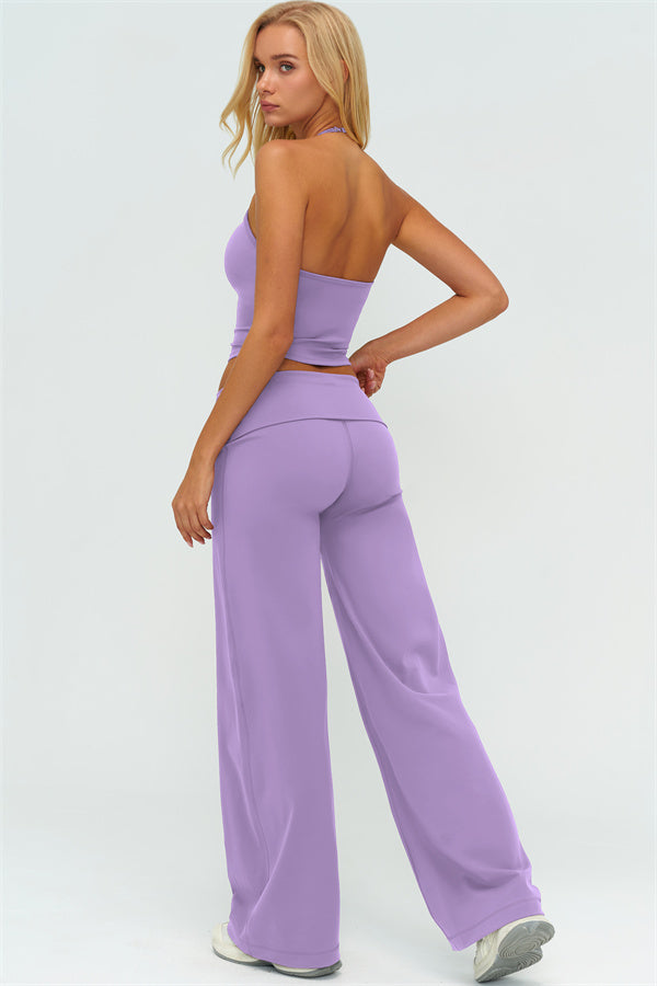 Conjunto de 2 piezas The Twirl: top halter sin mangas y pantalones de pierna recta con cintura doblada