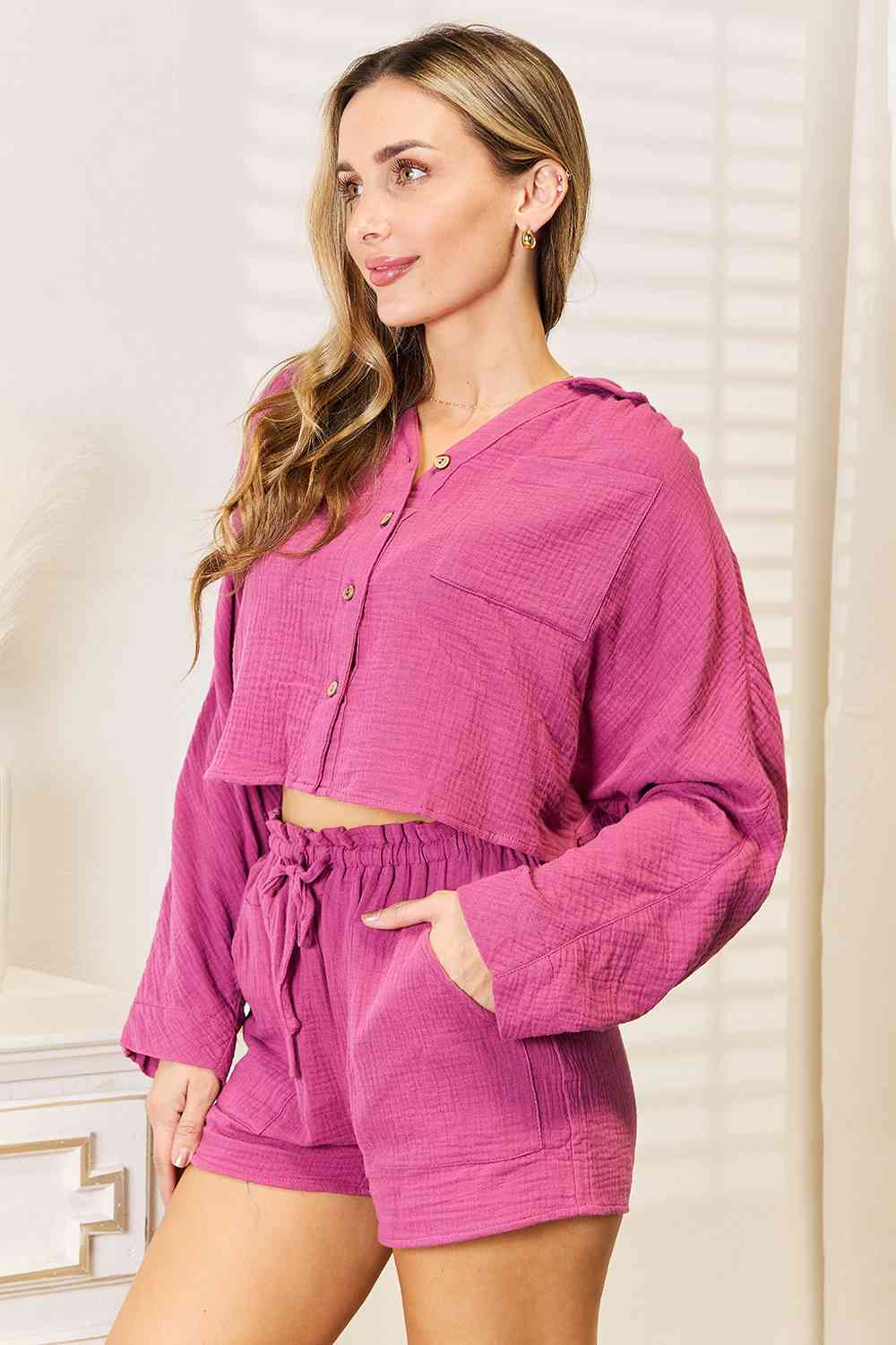 Basic Bae Buttoned Long Sleeve Top and Shorts Set  Shop One Place