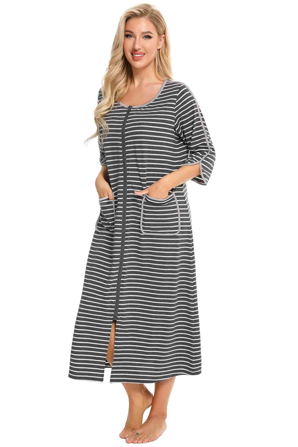 Round Neck Three-Quarter Sleeve Midi Night Dress  Shop One Place