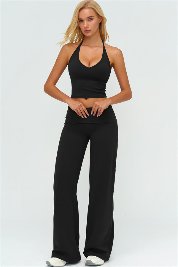 Conjunto de 2 piezas The Twirl: top halter sin mangas y pantalones de pierna recta con cintura doblada
