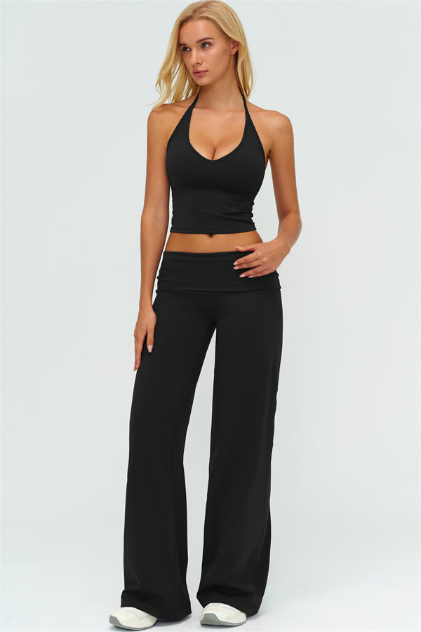 Conjunto de 2 piezas The Twirl: top halter sin mangas y pantalones de pierna recta con cintura doblada
