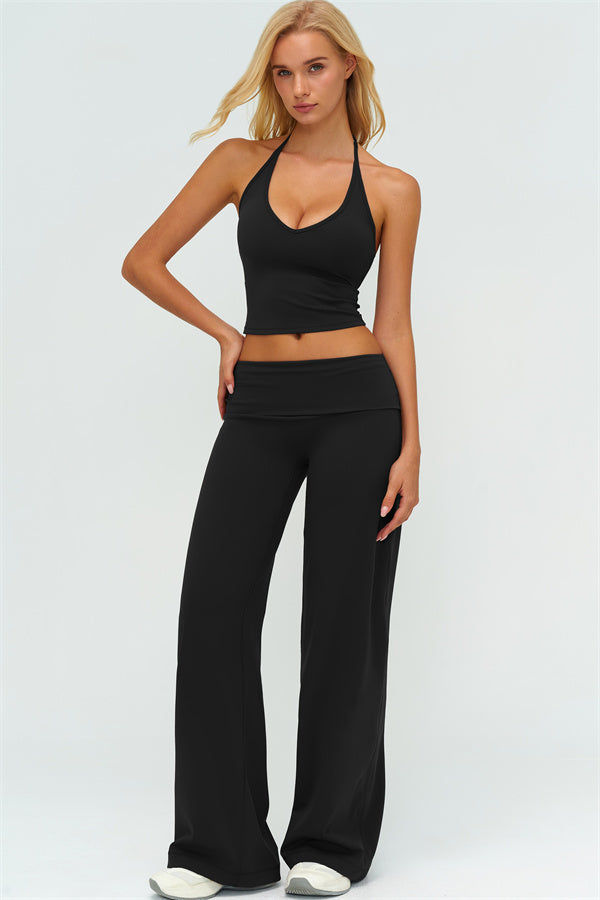 Conjunto de 2 piezas The Twirl: top halter sin mangas y pantalones de pierna recta con cintura doblada
