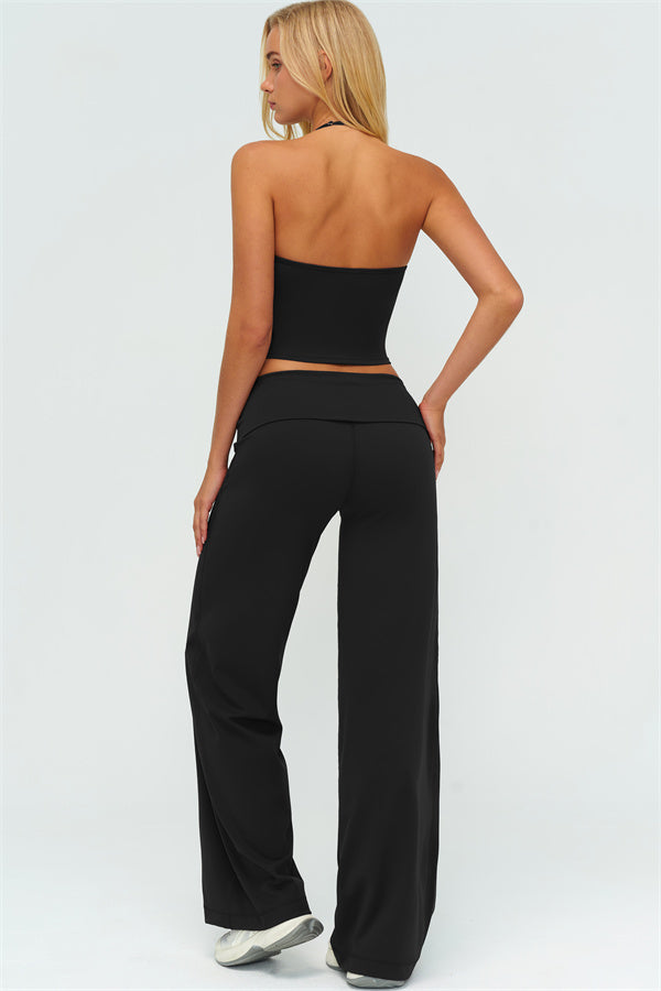 Conjunto de 2 piezas The Twirl: top halter sin mangas y pantalones de pierna recta con cintura doblada