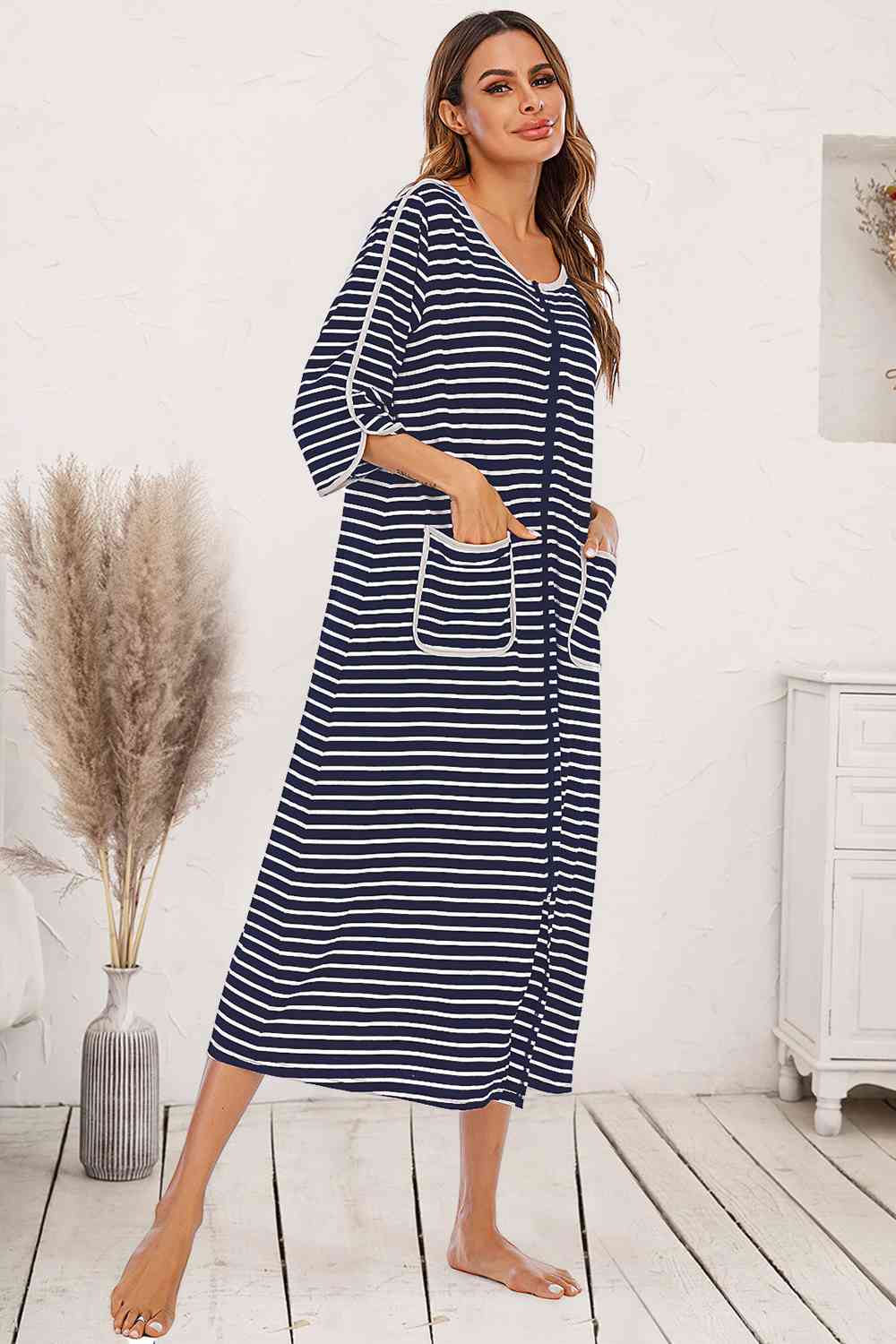 Round Neck Three-Quarter Sleeve Midi Night Dress  Shop One Place