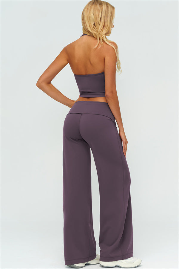 Conjunto de 2 piezas The Twirl: top halter sin mangas y pantalones de pierna recta con cintura doblada