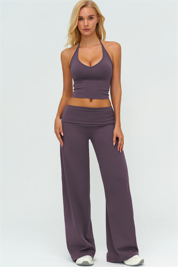 Conjunto de 2 piezas The Twirl: top halter sin mangas y pantalones de pierna recta con cintura doblada