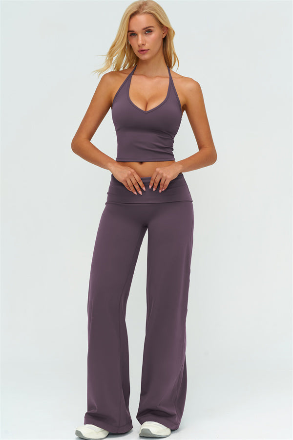 Conjunto de 2 piezas The Twirl: top halter sin mangas y pantalones de pierna recta con cintura doblada