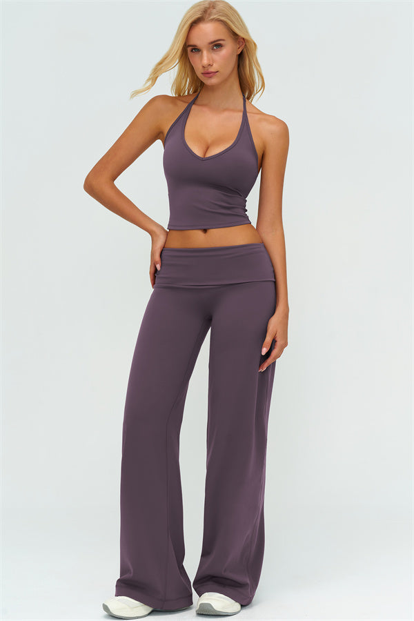 Conjunto de 2 piezas The Twirl: top halter sin mangas y pantalones de pierna recta con cintura doblada
