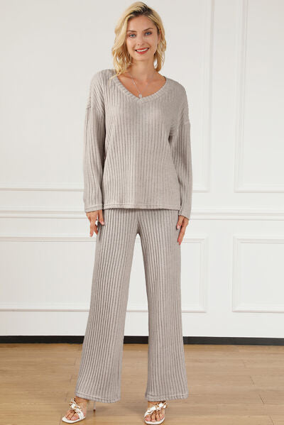 Ribbed V-Neck Top and Pants Lounge Set  Shop One Place