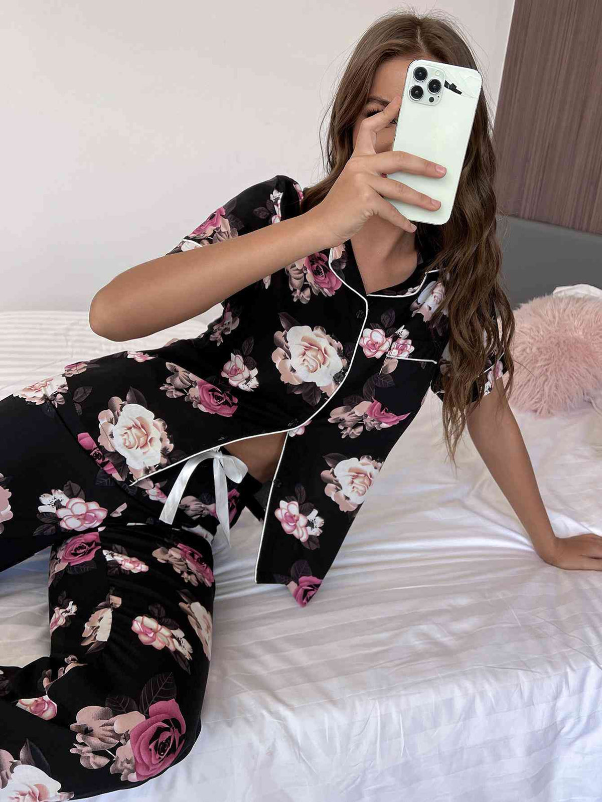 Floral Short Sleeve Shirt and Pants Lounge Set  Shop One Place