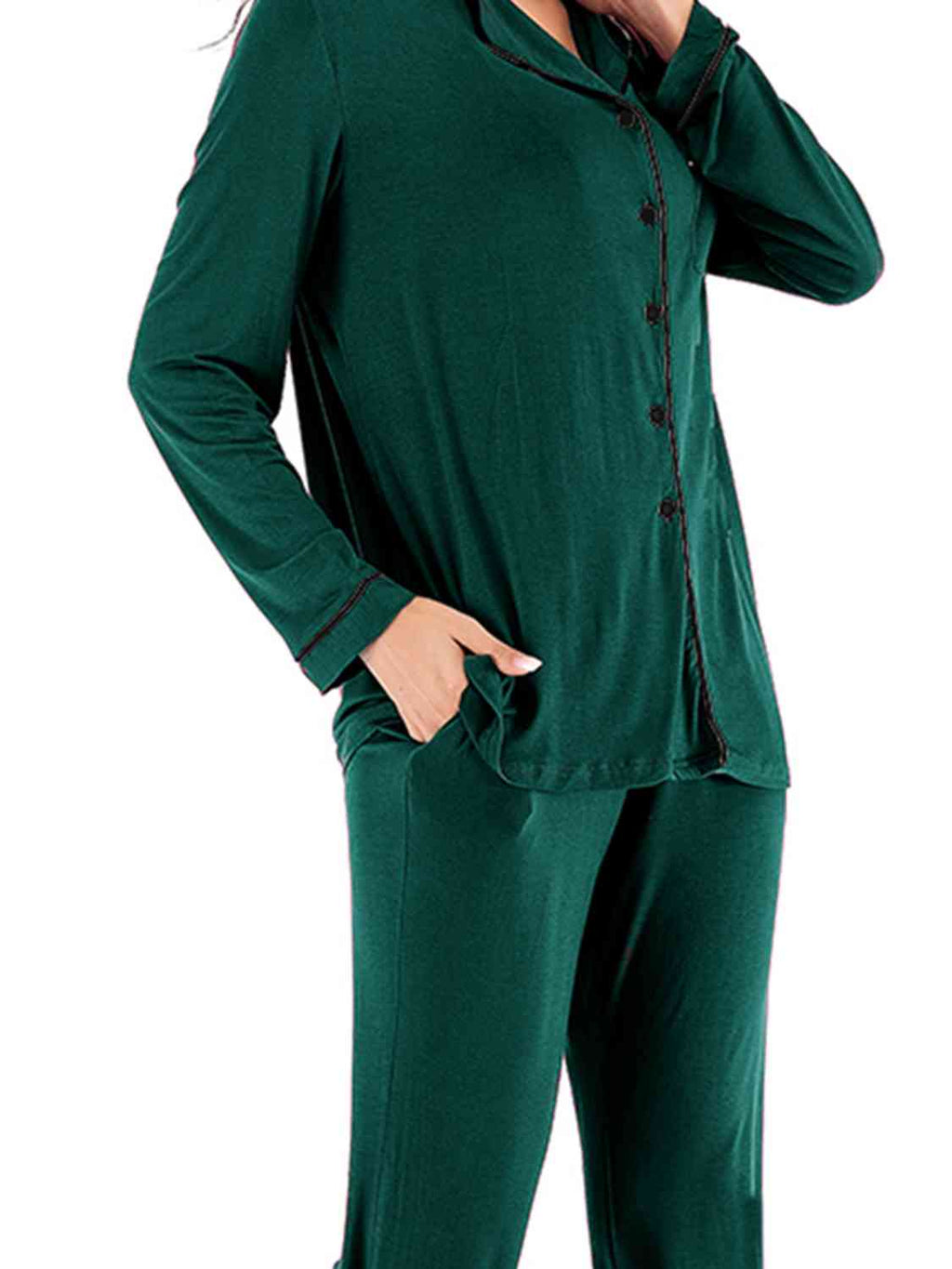 Collared Neck Long Sleeve Loungewear Set with Pockets  Shop One Place