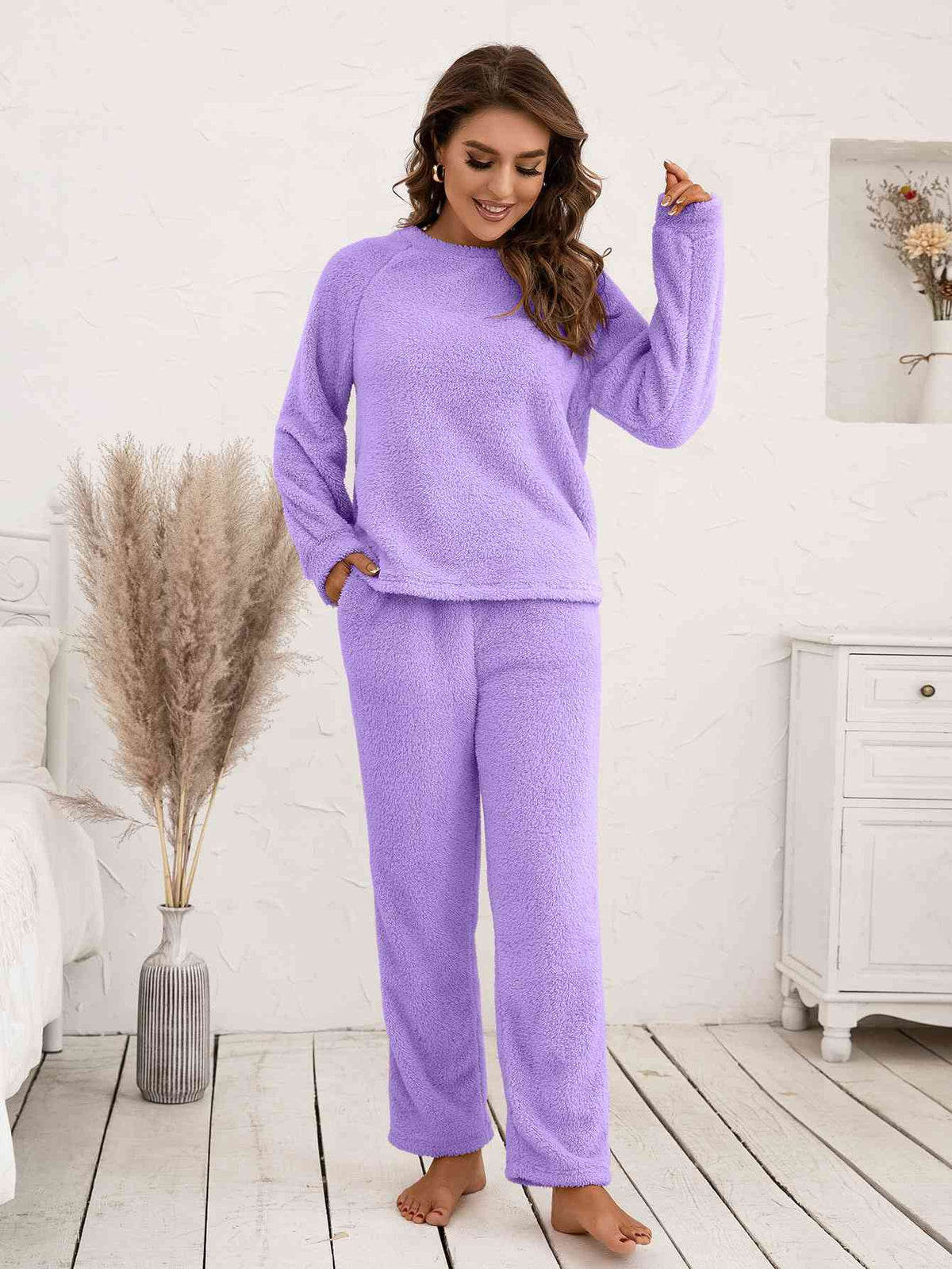 Teddy Long Sleeve Top and Pants Lounge Set  Shop One Place