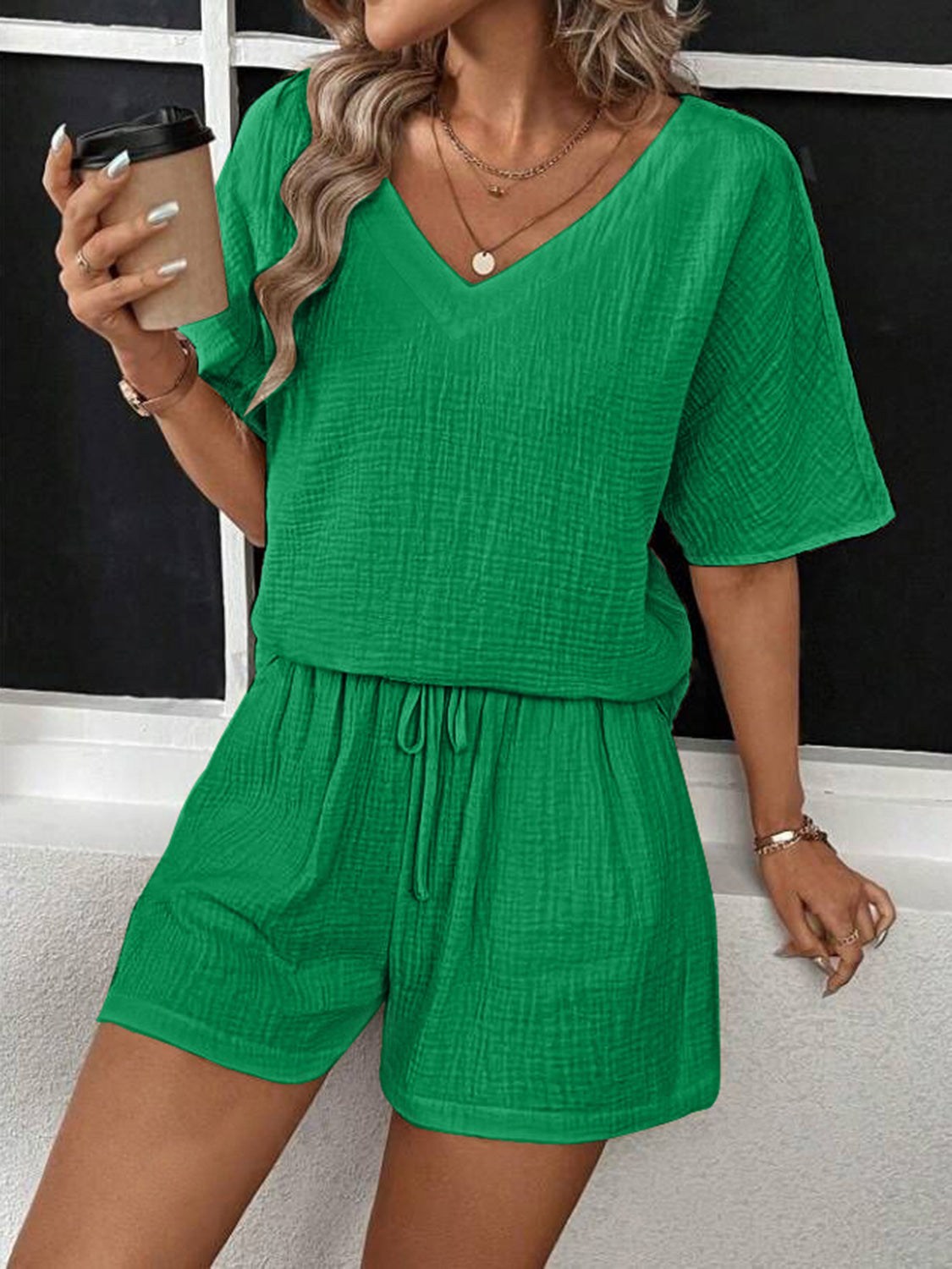 V-Neck Half Sleeve Top and Shorts Set  Shop One Place