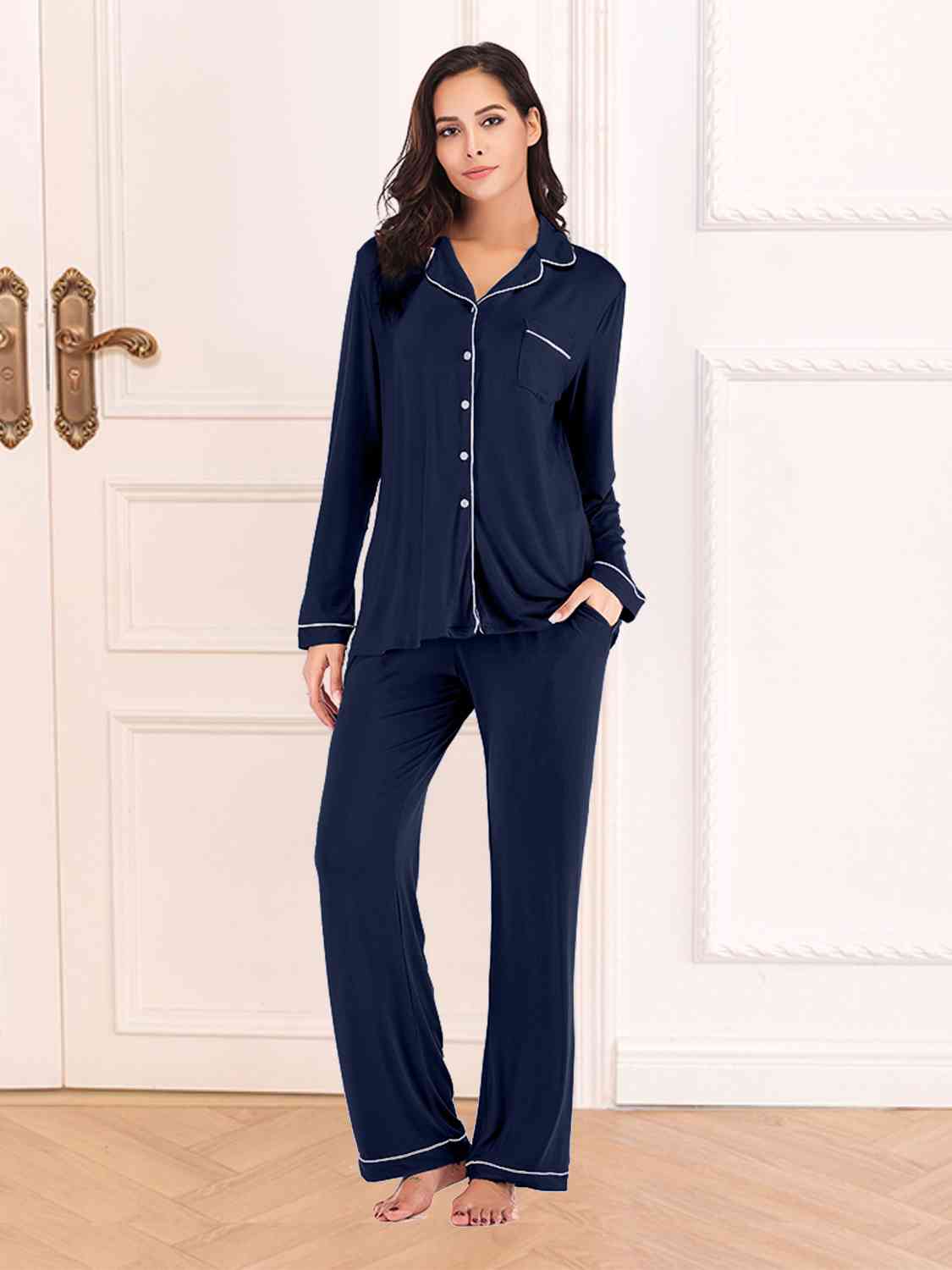 Collared Neck Long Sleeve Loungewear Set with Pockets  Shop One Place