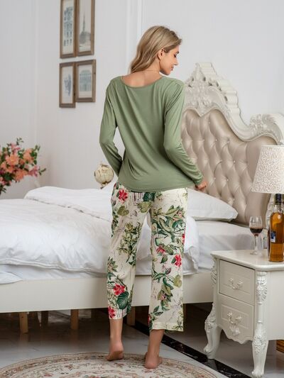 Round Neck Top and Printed Pants Lounge Set  Shop One Place