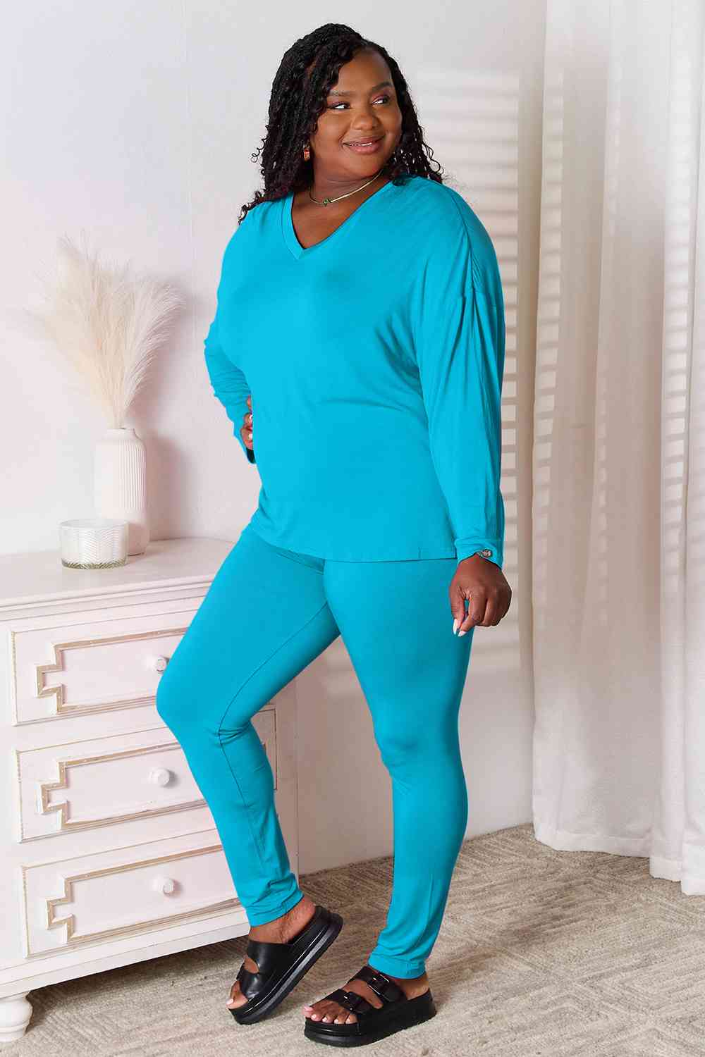 Basic Bae Full Size V-Neck Soft Rayon Long Sleeve Top and Pants Lounge Set  Shop One Place