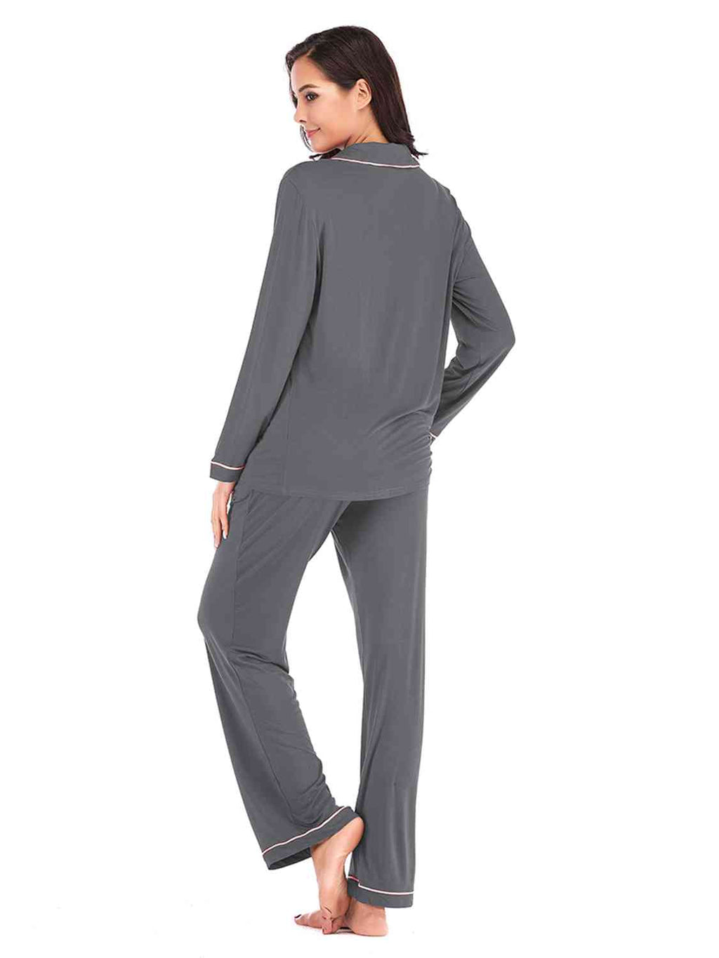 Collared Neck Long Sleeve Loungewear Set with Pockets  Shop One Place