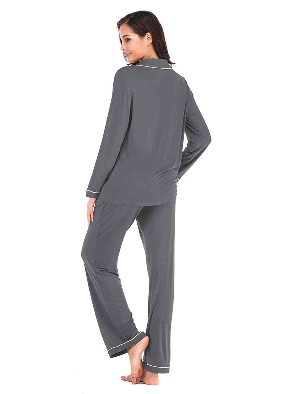 Collared Neck Long Sleeve Loungewear Set with Pockets  Shop One Place