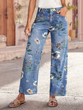 Vaqueros de mezclilla de pierna ancha con estampado floral