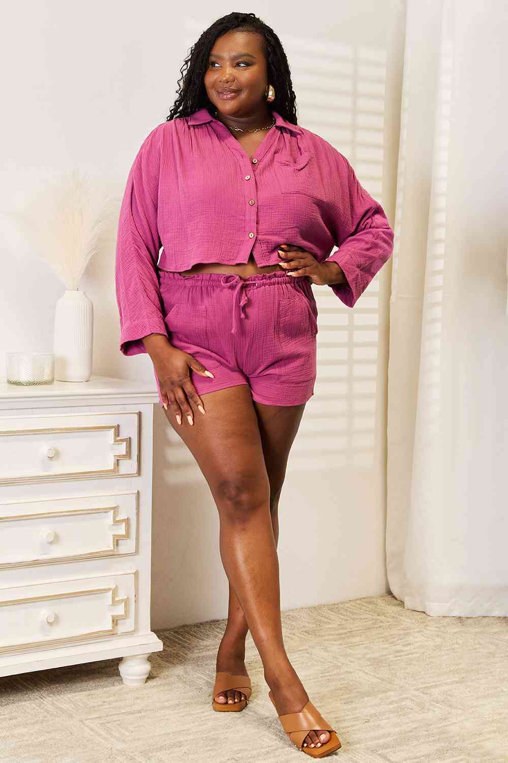Basic Bae Buttoned Long Sleeve Top and Shorts Set  Shop One Place