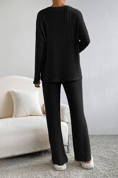 Ribbed V-Neck Top and Pants Lounge Set  Shop One Place